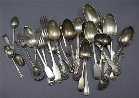 A group of mixed 18th century and later flatware including a pair of George I silver table spoons, Jane Lambe, London, 1723,